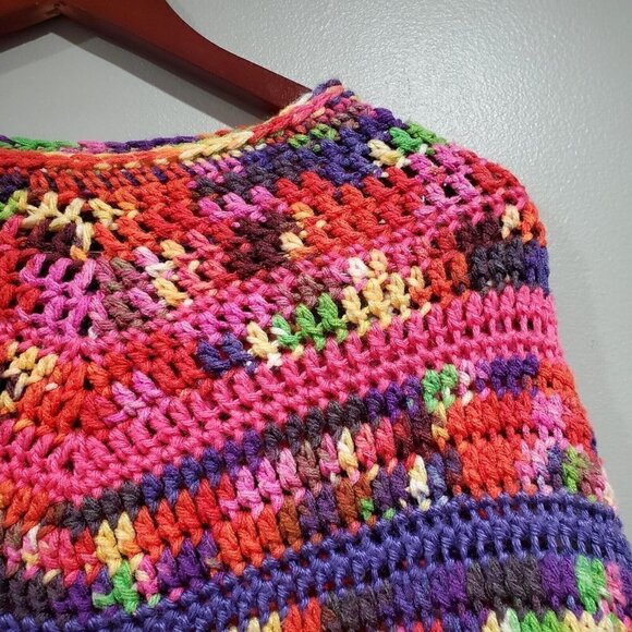 Hand Knitted Crochet Colorful Striped Shawl Poncho Bright Colors Warm One Size - Picture 4 of 7